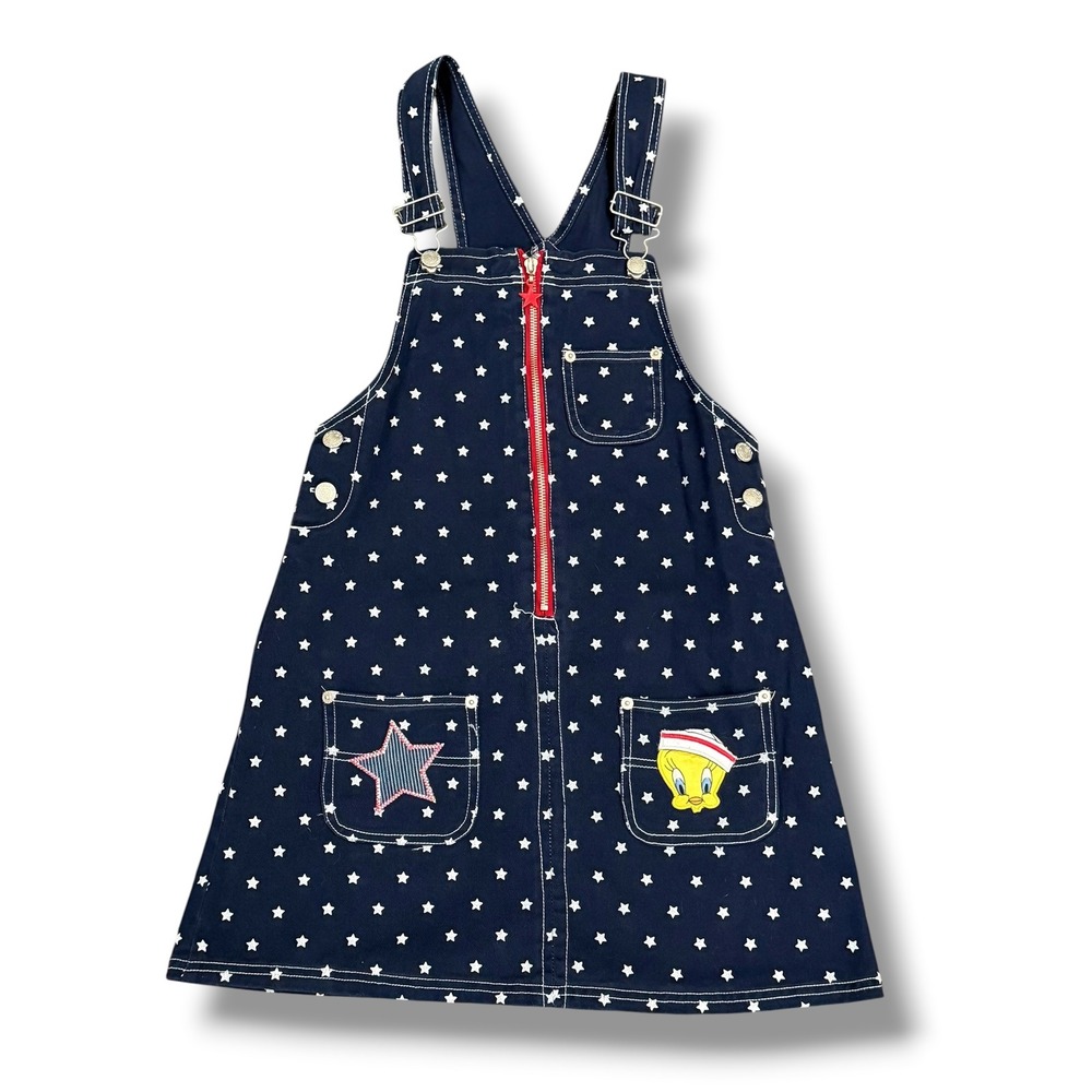 Looney Tunes Tweety Vintage Denim Jumper Dress Kids 10/12 Navy Blue 90s